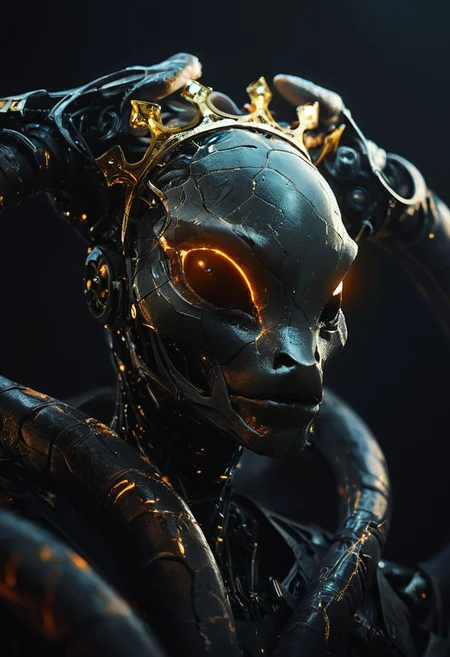 robotic body,made out of black mate steel ,golden cracks , black eyes,f ocused lighting, crown on head, dark background, close up, portret ,alien looking creature, tentacles coming out of head, .score_9, score_8_up, score_7_up,score_6_up, rating_safe