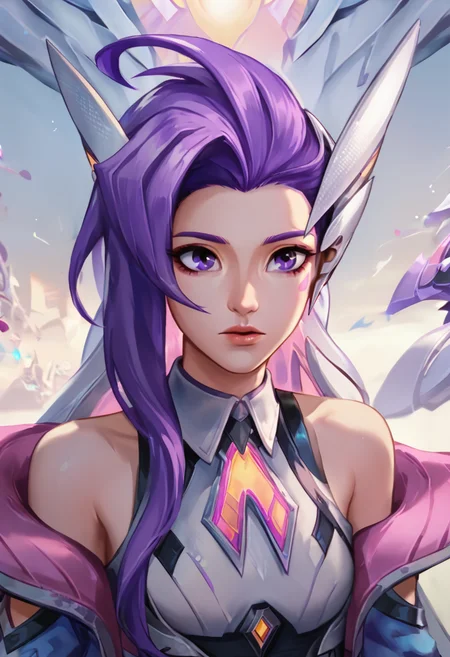 score_9, perfect, gorgeous, beautiful, amazing, lovely, 1girl, BDSera, purple hair, long hair, purple eyes, upper body, cropped jacket, bare shoulders, battle leotard, front view,<lora:Battle_Dove_Seraphine_PonyXL:0.8>