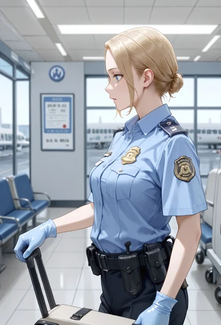masterpiece, best quality, amazing quality, absurdres,
0c_tsa,n0rtas, 1girl, solo, blonde hair, single hair bun, low hair bun, blue eyes, parted lips, medium breasts, police uniform, policewoman, blue shirt, collared shirt, epaulette, badge, name tag, blue gloves, rubber gloves, black pants, belt, pouch,
, checking, open luggage, airport, security check, blurry background, from side, profile,