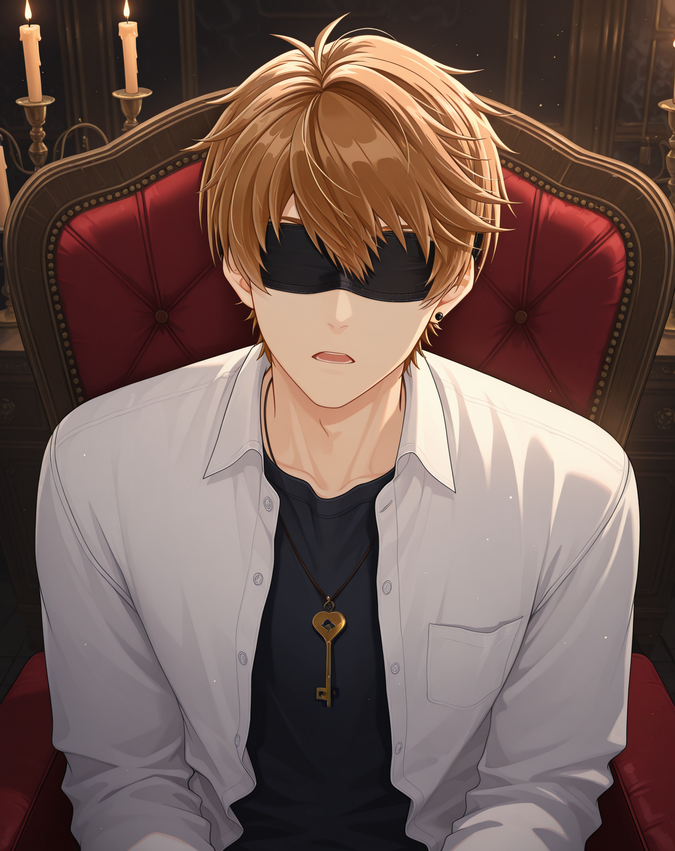 masterpiece, best quality, absurdres, very aesthetic, original style, 
1boy, solo, yaoi, male focus,looking at viewer,
<lora:Luke_Pearce_ilxl:1> lukepearce, brown hair, hazel eyes, short hair, hair between eyes,
braid, white shirt, black blindfold, black shirt, open clothes, long sleeves, polo shirt, collared shirt, open shirt,
key necklace, jewelry, earrings,
candle, open mouth, candlestand,  indoors, chair, covered eyes, sitting, candlelight, fire