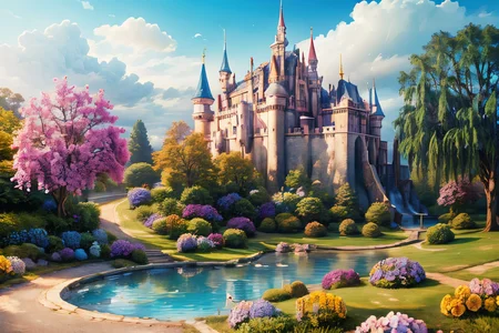 (Realistic:1.5) EdobFairyTaleLandscape, flower, waterfall, bird, castle, cloudy sky, edobfairytalelandscape, road, pond, no humans, hydrangea, <lora:EdobFairyTaleLandscape_v1.0:0.8>