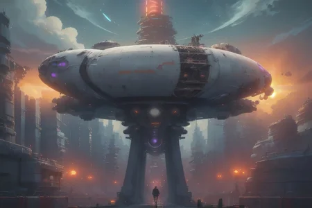 safe_pos, scifi fantasy, painterly concept-art, floating/hovering skydock, part of an astropunk manufacturing facility, where they produce commercial starships, up in the stratosphere, daytime, outdoors, cloudscape, implied scale, implied height, minimalist, [flat vector digital wallpaper style], high resolution, pastel hues, [orange, pearl white, pink, ochre, onyx, cobalt], neon lighting strips, 