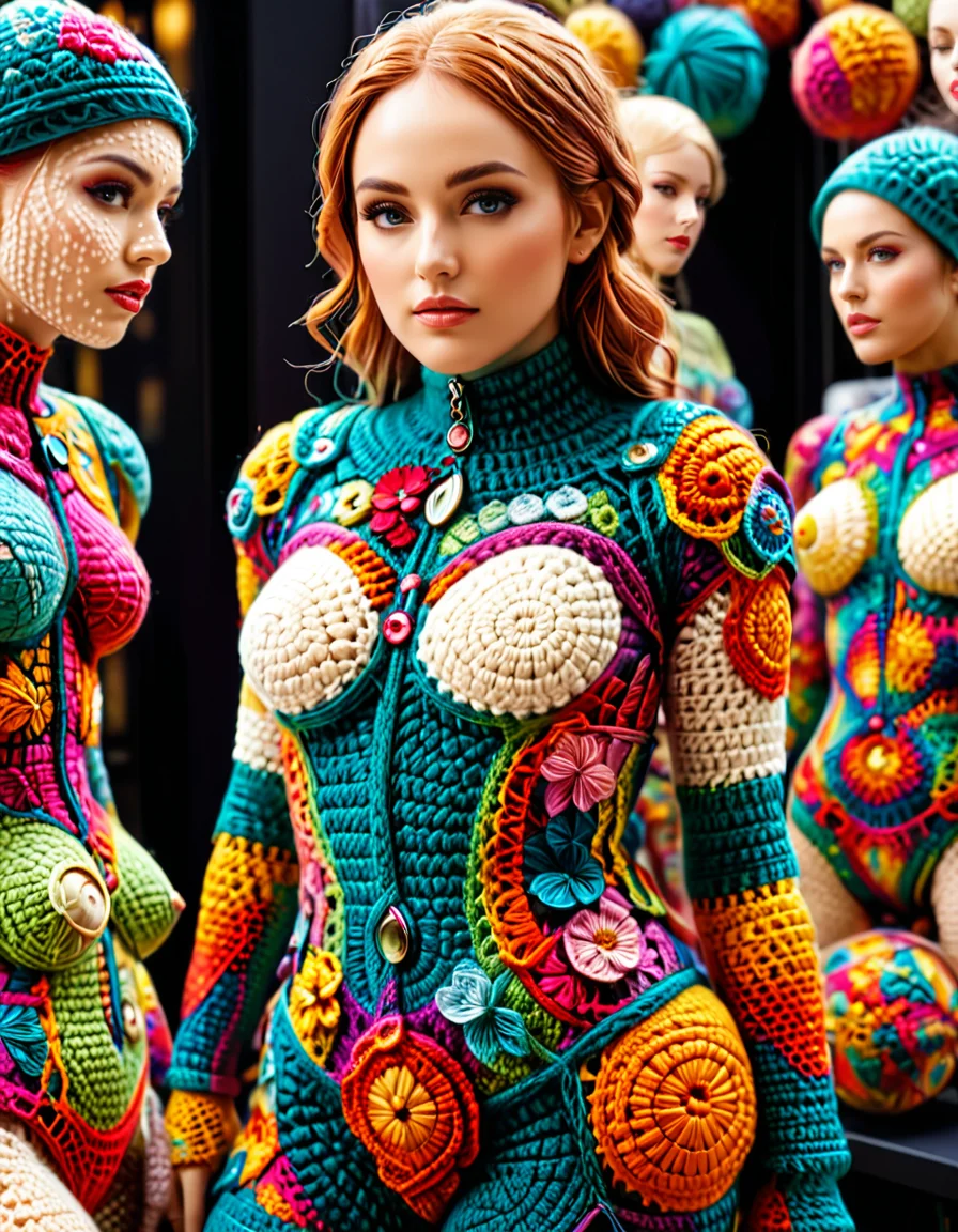 Life-sized humanoid mannequins entirely covered in crocheted skin textures, irregular seams revealing multicolored crocheted organs underneath; hyperrealistic textures using latex and silicone; surreal, unsettling yet captivating; contrasting artificiality and organic forms; intricate, vibrant details; haunting yet thought-provoking. <lora:SDXLFaeTastic2400:0.4> <lora:extremely_detailed:0.4> extremely detailed, <lora:cr0ch3t3d:1>,cr0ch3t3d, Masterpiece,best quality,hi res,8k,hi res,8k,award winning,(sharp focus, intricate, highly detailed),
