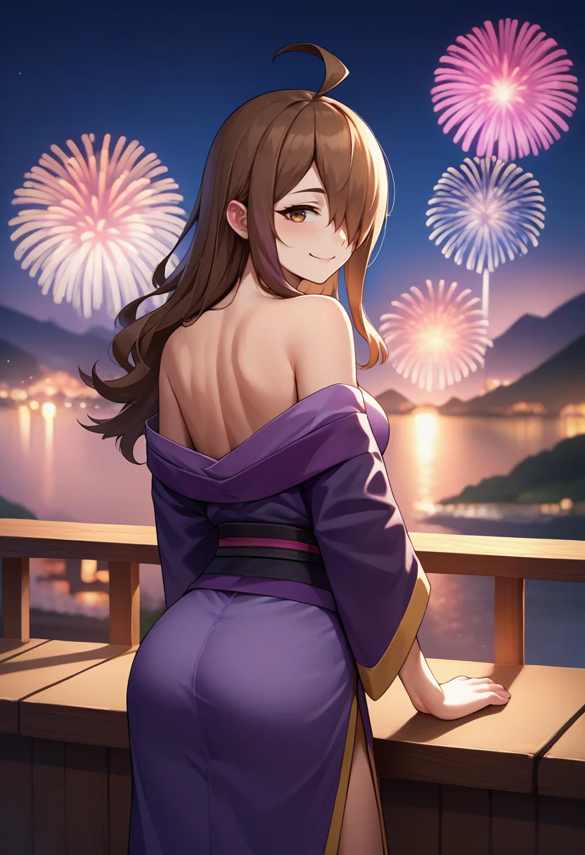 score_9, score_8_up, score_7_up, source_anime, from behind, solo, 1girl, kswiz, smile, looking back, ahoge, hair over one eye, purple kimono, off shoulder, bare shoulders, fireworks <lora:konosuba_wiz_ponyXL:1>