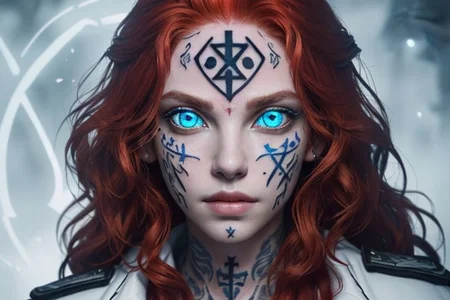 bright red hair, human female, (feminine:1.7), (beautiful face, detailed face:1.6), (beautiful eyes, detailed eyes:1.7), (looking at viewer, eye contact, intense:1.6), (long hair, red hair, curly hair:1.3), , ((masterpiece, best quality, high resolution, realistic, best quality,)), photo realistic, Perfect Face, (detailed face). <lora:GoodHands-vanilla:0.6> <lora:add-detail-xl:0.8>, mage, (Dress White military uniform coat), dagger, rune dagger, glowing runes, , (((glowing magic symbols tattoos, religious tattoos))), ((face tattoos)), glowing tattoos, stone tower in the background