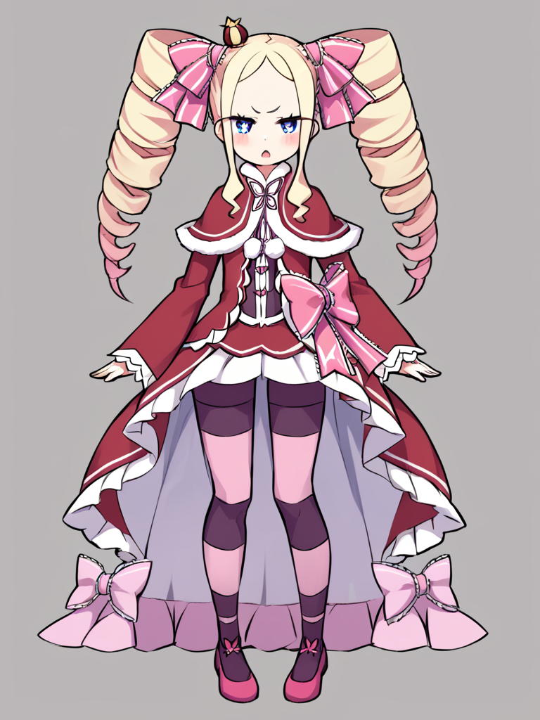 score_9,score_8_up,score_7_up,<lora:beatrice_(re_zero):1>,pom_pom_\(clothes\), red_capelet, striped_pantyhose, purple_pantyhose, frilled_dress, standing, v-shaped_eyebrows, pink_bow, mini_crown, full_body, fur-trimmed_capelet, frilled_bow, long_sleeves, blush, beatrice_\(re:zero\), 1girl, hair_ribbon, simple_background, sidelocks, open_mouth, twin_drills, tachi-e, striped_clothes, looking_at_viewer, solo, pink_pantyhose, red_dress, striped_bow, shoes, jitome