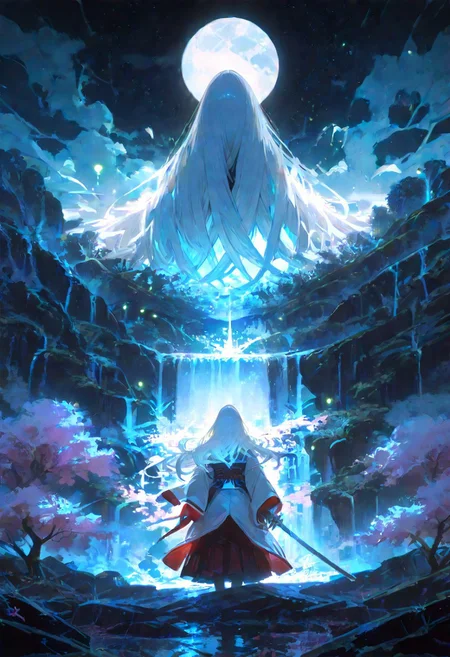 masterpiece, best quality, amazing quality, very aesthetic, absurdres, newest, volumetric lighting, holographic colors, cute, gradient colors, dark background, masterpiece, best quality, amazing quality, very aesthetic, absurdres, newest, volumetric lighting,1girl,
BREAK
nsfw,
ambient occlusion, raytracing, soft lighting, blum effect, masterpiece, absolutely eye-catching, particles, glow, shining, intricate cinematic background, (beautiful face),
BREAK
masterpiece, highly detailed,1girl,beautiful eyes, big eyes, detailed eyes, detailed pupils, perfect body, dynamic pose, dynamic shot,
Yuki-Onna, Yukinoshita Yukino, colored skin, white skin, white hair, long hair,
light blue haori, overcoat, japanese clothes,
cherry blossoms, mountains, meadows, scenery, blue skies, clouds, summer, bosstyle,
fantasy,
night, starry sky, light particles, fireflies, moon, waterfall,
facing away,
holding sword, planted sword, katana, hands on sword,cinematic, epic, official art, bloom,
<lora:spo_sdxl_10ep_4k-data_lora_webui:0.6> <lora:ponyv5_noobV065S_1_adamW-000013:0.7> <lora:USNR_STYLE_XL_lokr:0.45> <lora:GBF_Illustrious:0.4> <lora:748cmSDXL:0.8>