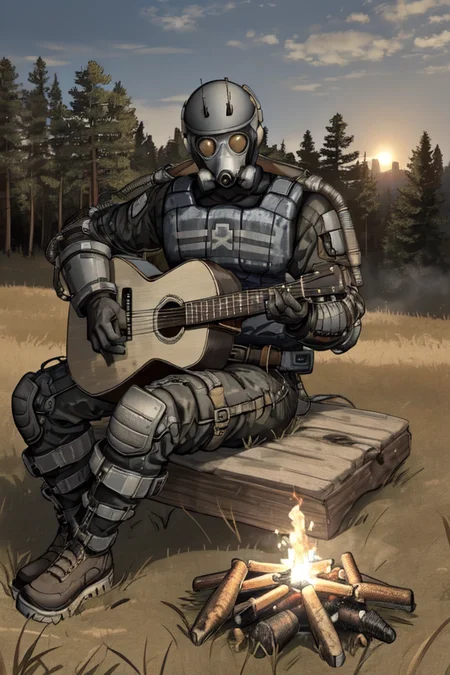(best quality, masterpiece:1.2), 1boy, solo, sci-fi armour, helmet, gas mask, gray colour scheme, post-apocalypse, field, (campfire:1.2), night, sitting, (playing acoustic guitar:1.4), <lora:STALKER_Exosuit__Exoskeleton__Экзоскелет:0.7>,
