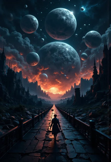Distant Satellites, dark ambient, sad environment, Epic, hyper detailed, ultra realistic, top dramatic lights, dynamic shadows