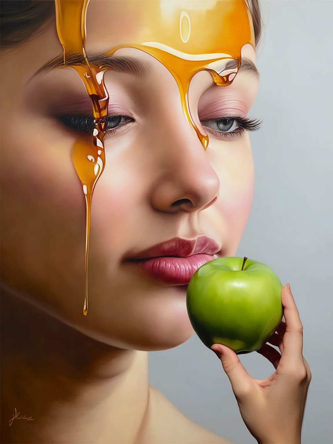 FRESHIDEAS Surrealist portrait painting,holding Apple's 1girl,ultra-high definition,ultra-realistic,ultra-realistic style,delicate brush strokes,painting master works,