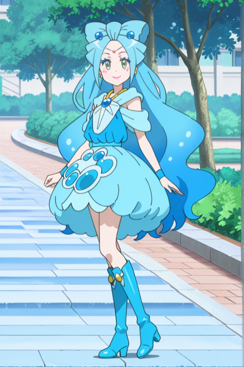 1girl, outdoors, looking at viewer, smile, standing, 
<lora:lilie_v3:1> mag3ca gir7l,
li7lie mag3cal,green eyes,blue hair,very long hair,yellow balls earrings,makeup,blue dress,blue wristbands,blue skirt,blue boots,, masterpiece, high quality, absurdres, best quality, very aesthetic, newest,