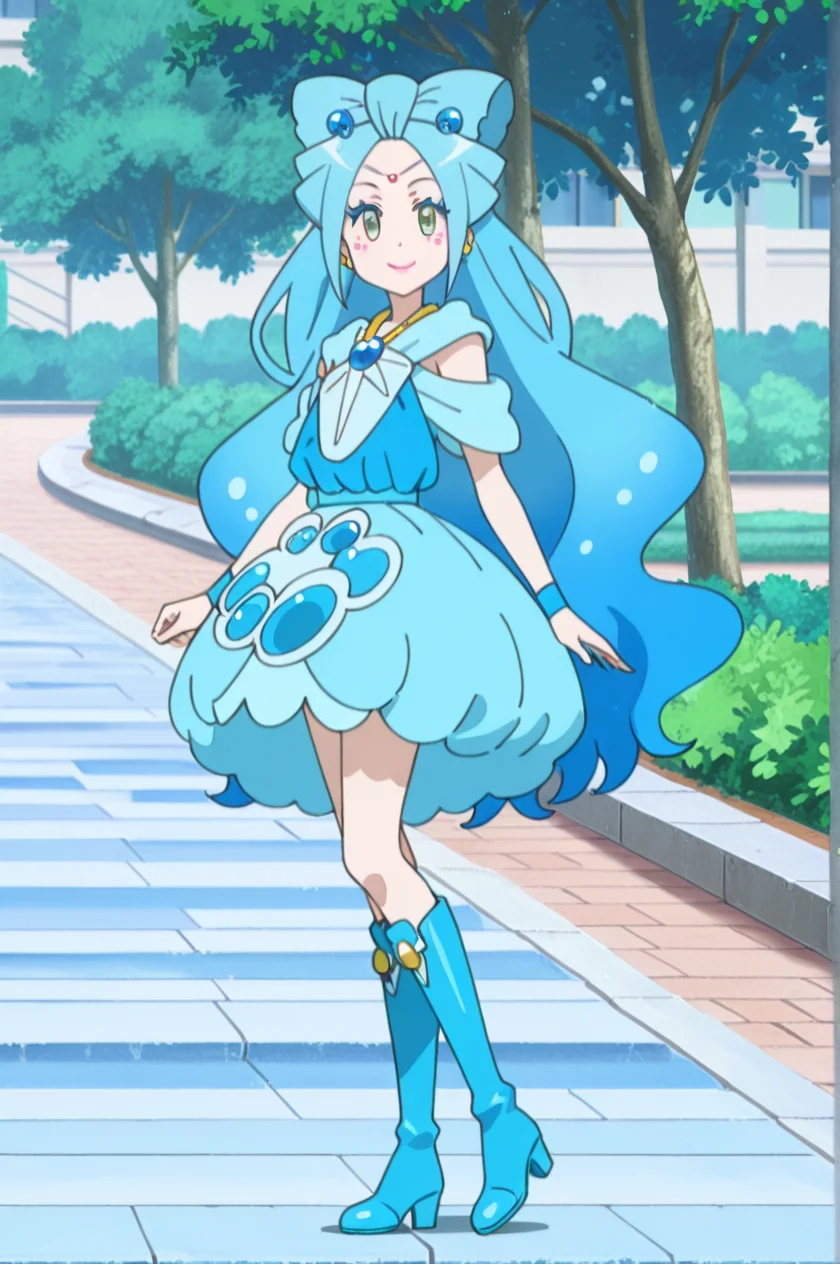 1girl, outdoors, looking at viewer, smile, standing,
<lora:lilie_v3:1> mag3ca gir7l,
li7lie mag3cal,green eyes,blue hair,very long hair,yellow balls earrings,makeup,blue dress,blue wristbands,blue skirt,blue boots,, masterpiece, high quality, absurdres, best quality, very aesthetic, newest,