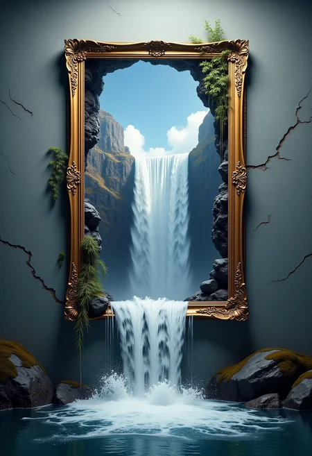 surreal art rendition of a photo frame depicting an epic waterfall scene with the bottom part of the frame broken leading to water spilling on the wall, anti-aliasing <lora:Dever_Flux_Enhancer:0.5>