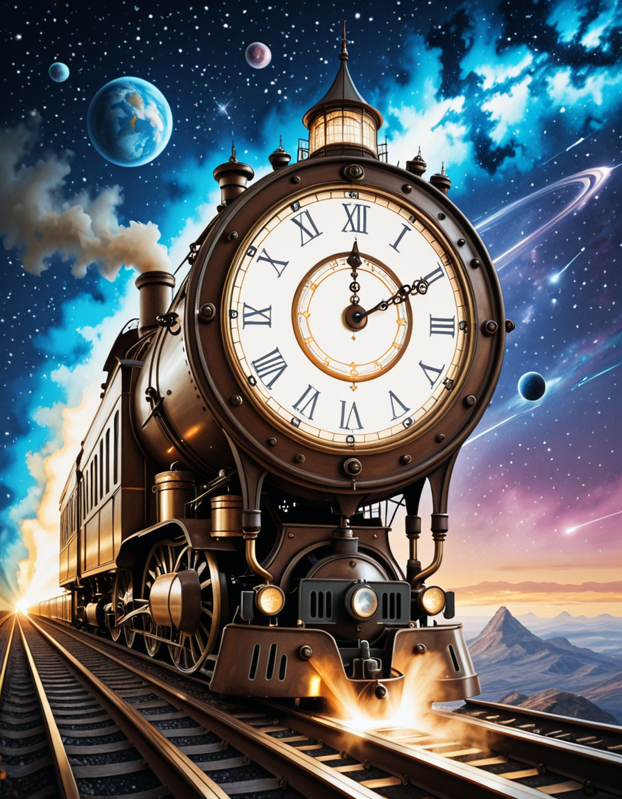 A surreal, steampunk-inspired painting of a fantastical train speeding through deep space, in the distinctive style of JarosÅaw Jasnikowski. The train is elongated, with exaggerated mechanical partsâgears, pistons, brass pipes, and rotating turbinesâinterwoven with intricate ornamentation and impossible engineering. The locomotive defies gravity, riding on luminous rails made of light and energy that twist and spiral into the cosmic void. Stars, nebulae, and strange planetary bodies fill the background, glowing in vibrant hues of violet, blue, and crimson. The train's engine emits streams of golden steam and electric sparks that blend into the surrounding stardust. Elements of surreal architectureâfloating domes, clock towers, and spiresâdrift alongside the train, evoking a dreamlike journey through a mechanical universe. The atmosphere is otherworldly, with dramatic lighting, long shadows, and rich, metallic textures. The entire composition has a dreamlike, metaphysical quality, with exaggerated perspective and impossible physics, capturing Jasnikowskiâs unique visual language.<lora:SDXLFaeTastic2400:0.4> <lora:extremely_detailed:0.4> extremely detailed,JarosÅaw J4sn1k0wsk1 <lora:JarosÅaw_J4sn1k0wsk1:1>, Masterpiece,best quality,hi res,8k,hi res,8k,award winning,(sharp focus, intricate, highly detailed),