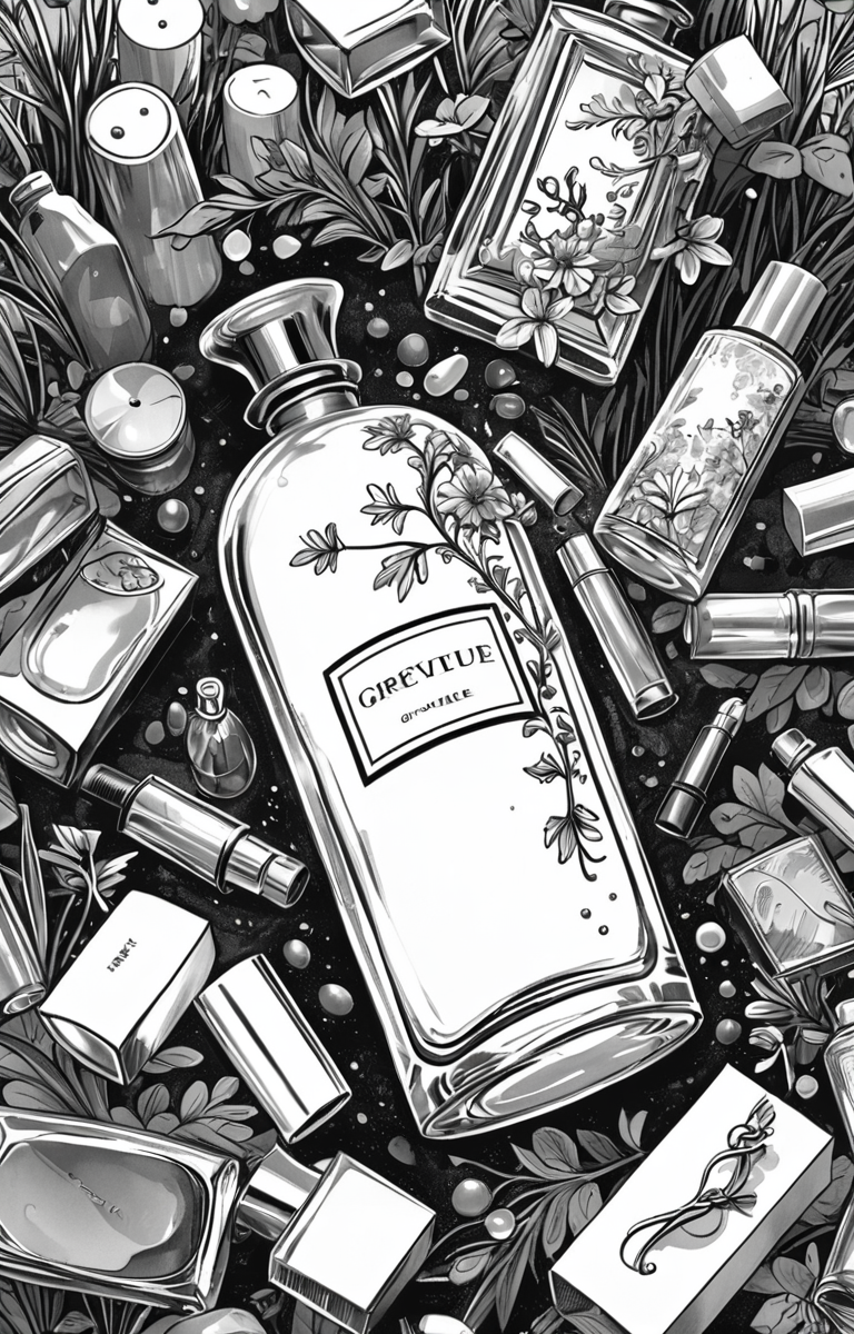 masterpiece,best quality,<lora:tbh373-sdxl:0.6>,illustration,style of exhausted people ,greyscale and white,comic A bottle of perfume in garden