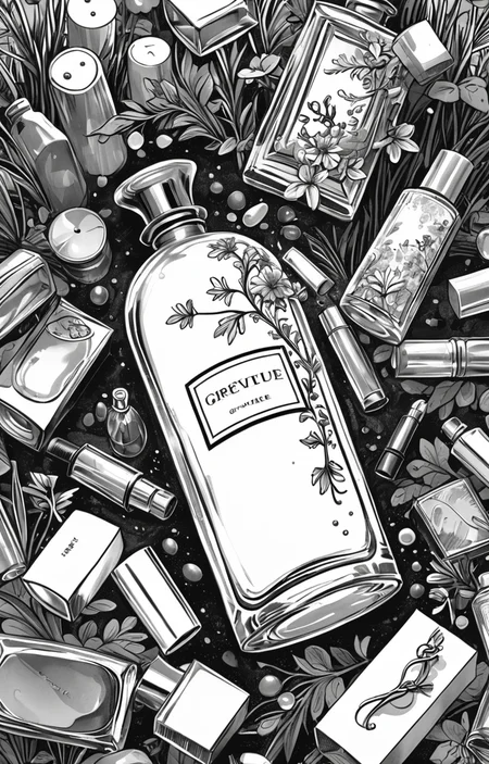 masterpiece,best quality,<lora:tbh373-sdxl:0.6>,illustration,style of exhausted people ,greyscale and white,comic A bottle of perfume in garden