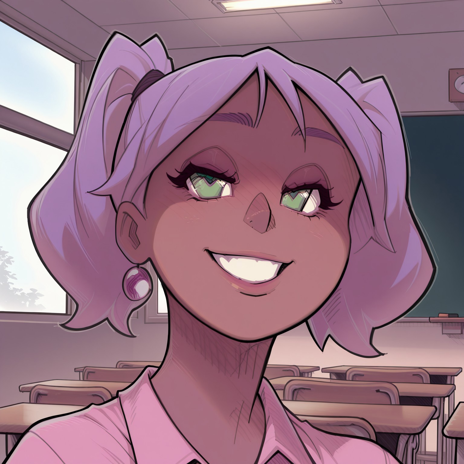 {{masterpiece, best quality, perfect face,}}, {{{{insiede, classroom, private, window, chalkboard, desk, chairs}}}}, {{{absurdres, HDR, extremely details CG,}}},

melkor_style,

1girl, solo, smiling, happy,

_m4gg13_, light purple hair, lime green eyes, dark-skinned female, twintails, 

<segment:girl's face,0.3,0.3//cid=1>
{{{{extremely_beautiful_detailed_anime_face_and_eyes, source_anime,}}}}