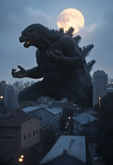 Score_9, score_8_up, score_7_up, score_6_up, zPDXL3, wide shot, BREAK, realistic,hyperrealism,ornate,studio photograph, Godzilla kaijuu mesogts,gigantic monster, lateral pose, model_building, model_kit_(medium), M1n14tur3 city skyline, plastic buildings, forced perspective, redsky, black clouds, yellow full moon, blurry background, building, outdoors, night, model city, plastic buildings, plastic, model buildings, toy buildings,