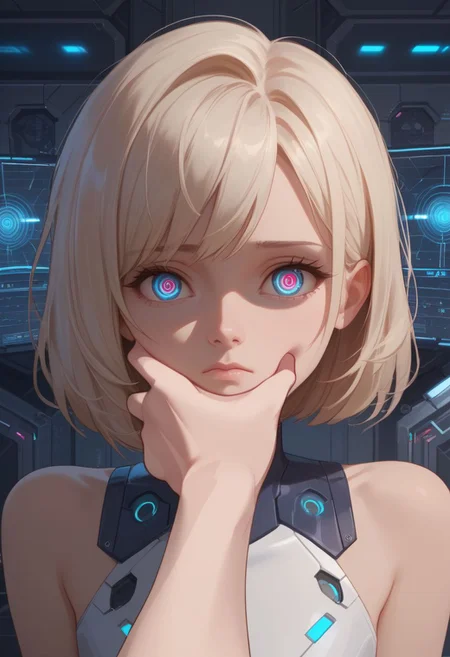 score_9, score_8_up, score_7_up, 1 girl, solo, povcheekgrabbing, solo focus, hand on another's face, cute, young, closed mouth, sad, indoor, mind control, leotard, indoor, futuristic, intricate background, looking at viewer