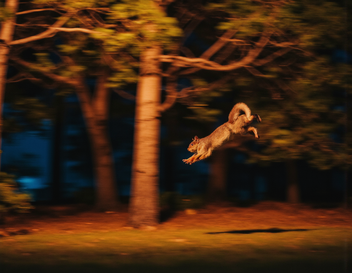  <lora:{blur, }Blur-000018:0.85> blur, Long exposure photograph capturing a squirrel in motion as it leaps from tree to tree in a park at night, showing streaks of light, hyperrealistic, 24mm lens, f/2, ISO 800, blurred background, vibrant colors, dynamic composition, whimsical, playful lighting, detailed fur texture. . 35mm photograph, film, bokeh, professional, 4k, highly detailed