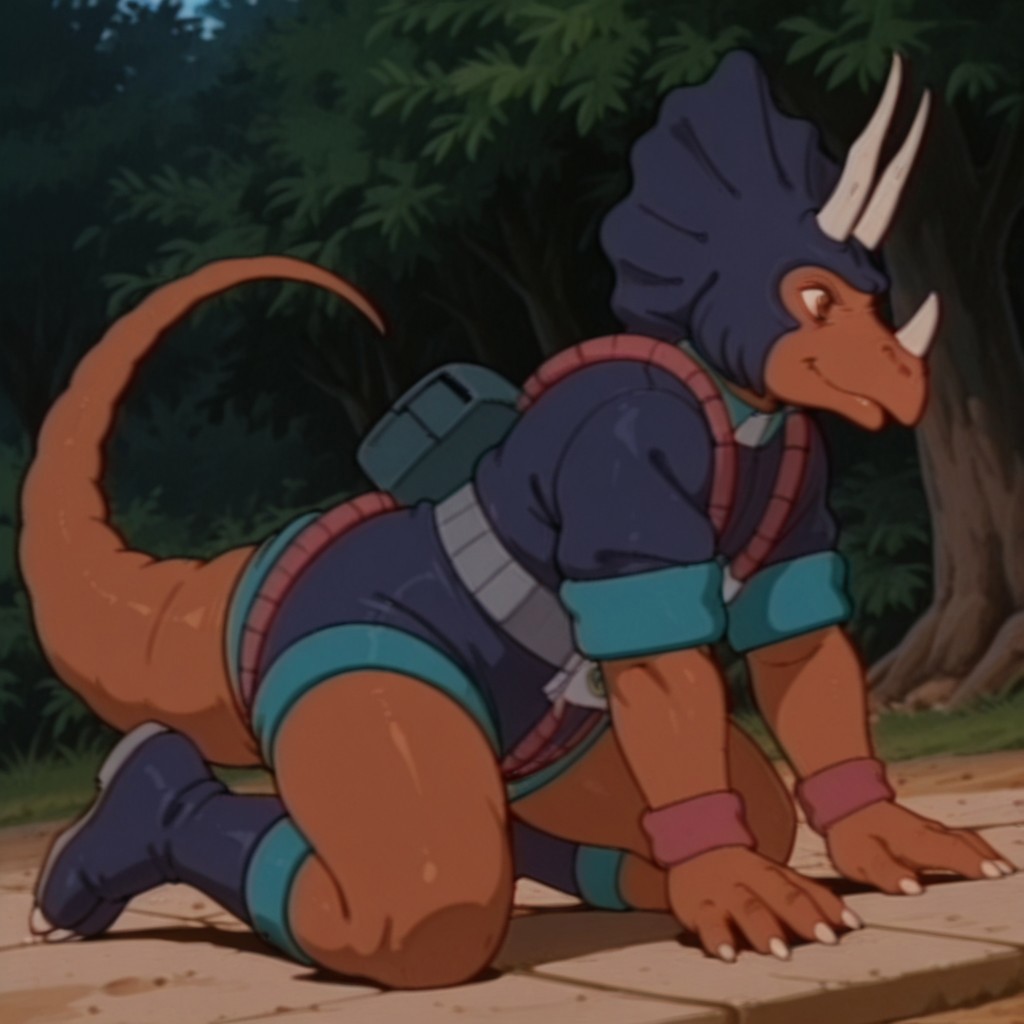 masterpiece, best quality, amazing quality, TriceroDsil, anthro, male, Triceratops, brown skin, brown eyes, dark blue helmet, dark blue bodysuit, teal trim, rolled sleeves, red wristbands, teal kneepads, dark blue boots, claws, outside