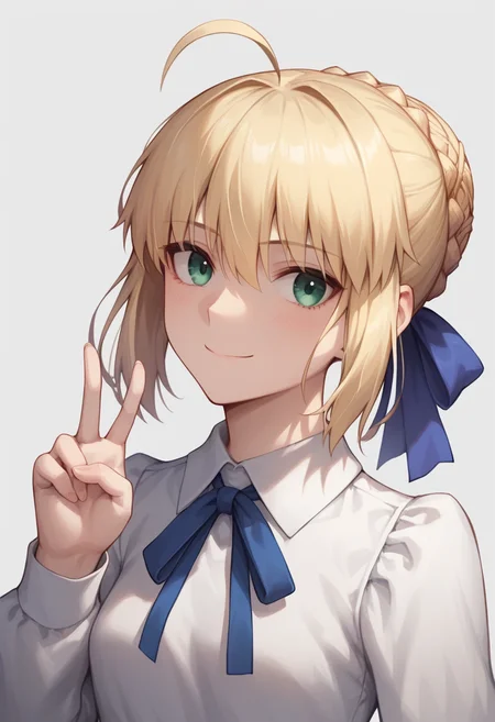 score_9,score_8_up,score_7_up,1,<lora:stay_night_all:1>,1girl, character: artoria_pendragon_(fate), character: saber_(fate), solo, simple_background, upper_body, looking_at_viewer, smile, closed_mouth, green_eyes, hair_between_eyes, blonde_hair, short_hair, single_hair_bun, ahoge, braid, braided_bun, hair_bun, hair_ribbon, sidelocks, shirt, white_shirt, blue_ribbon, long_sleeves, ribbon, v, commentary, symbol-only_commentary