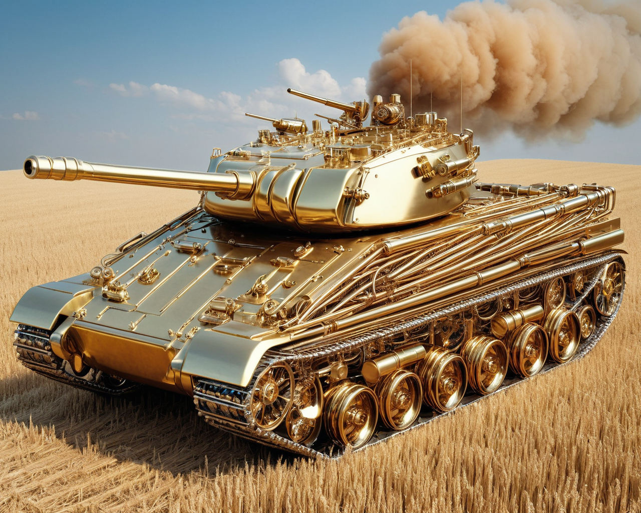 a raw photograph of a (qu4ntum style)(battle tank in wwII),covered in (brass pipes) and (silver circuit wire),hyperrealistic,masterpiece,magazine advertisement,8K wallpaper,wide_shot,from_above,bokhe,depth of field<lora:Qu4ntumPunk_04XL-000007:0.8>
