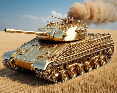 a raw photograph of a (qu4ntum style)(battle tank in wwII),covered in (brass pipes) and (silver circuit wire),hyperrealistic,masterpiece,magazine advertisement,8K wallpaper,wide_shot,from_above,bokhe,depth of field<lora:Qu4ntumPunk_04XL-000007:0.8>