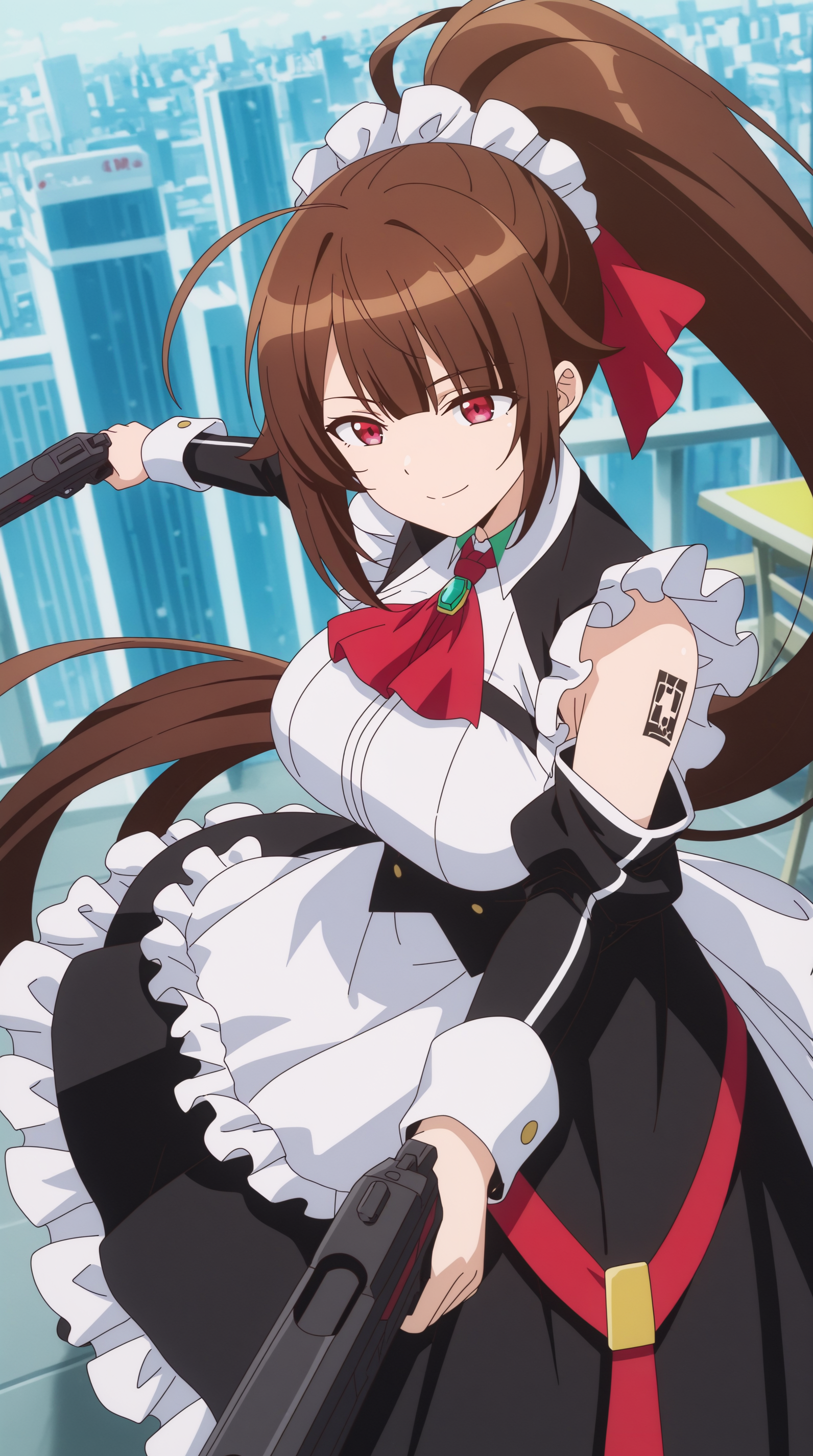 masterpiece, best quality, amazing quality, aesthetic,  absurdres, best quality, 4k, upscale, sidelocks, holding guns, dual wielding, dynamic pose, fighting stance, foreshortening, city, science fiction,  Amagi, 1girl, brown hair, solo, long hair, maid, ponytail, smile, apron,  maid headdress, tattoo, detached sleeves, chair, very long hair, dress, red eyes, maid apron, large breasts, hair ribbon, ahoge, shoulder tattoo, ribbon, black dress    <lora:Amagi_IL:0.8>