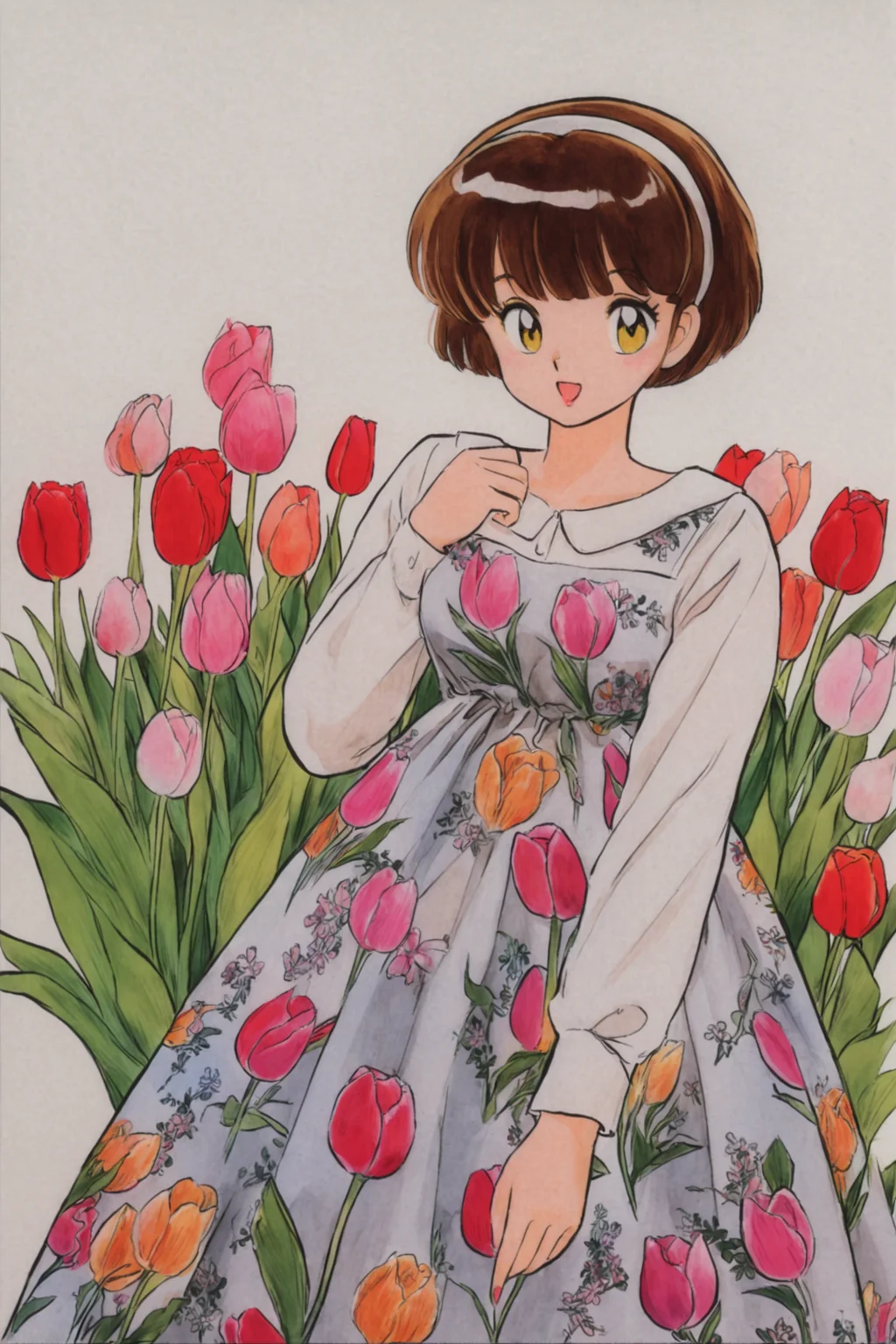 1girl,flower,short hair,brown hair,solo,long sleeves,pink flower,open mouth,white background,smile,dress,yellow eyes,hairband,bangs,simple background,feet out of frame,retro artstyle,shirt,floral print,white shirt,tulip,print dress,traditional media,<lora:Takahashi Rumiko_XL:0.8>,