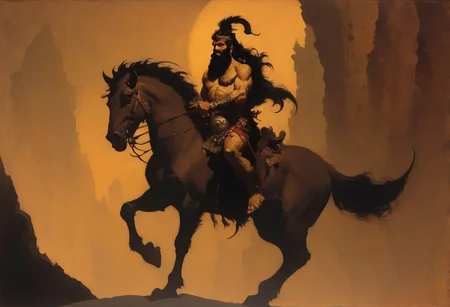 Frank Frazetta fantasy dark fantasy oil painting of AhuramazdaV1, he has light brown skin and flowing straight black hair.