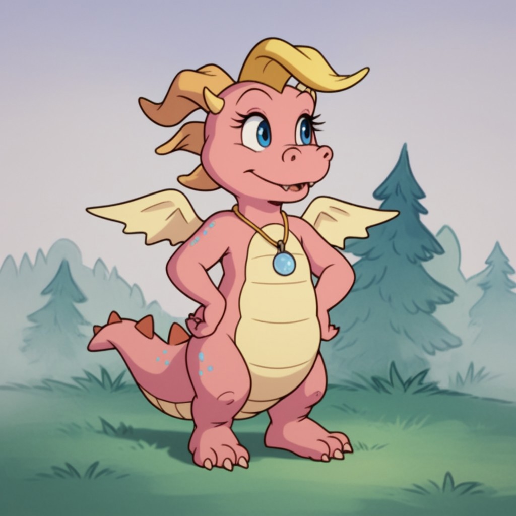 score_9, score_8_up, score_7_up, score_6_up, score_5_up, score_4_up source_furry, CassieDT, semi-anthro, female, dragon, pink skin, horns, wings, jewelry, necklace, standing, outside, hands on hips
