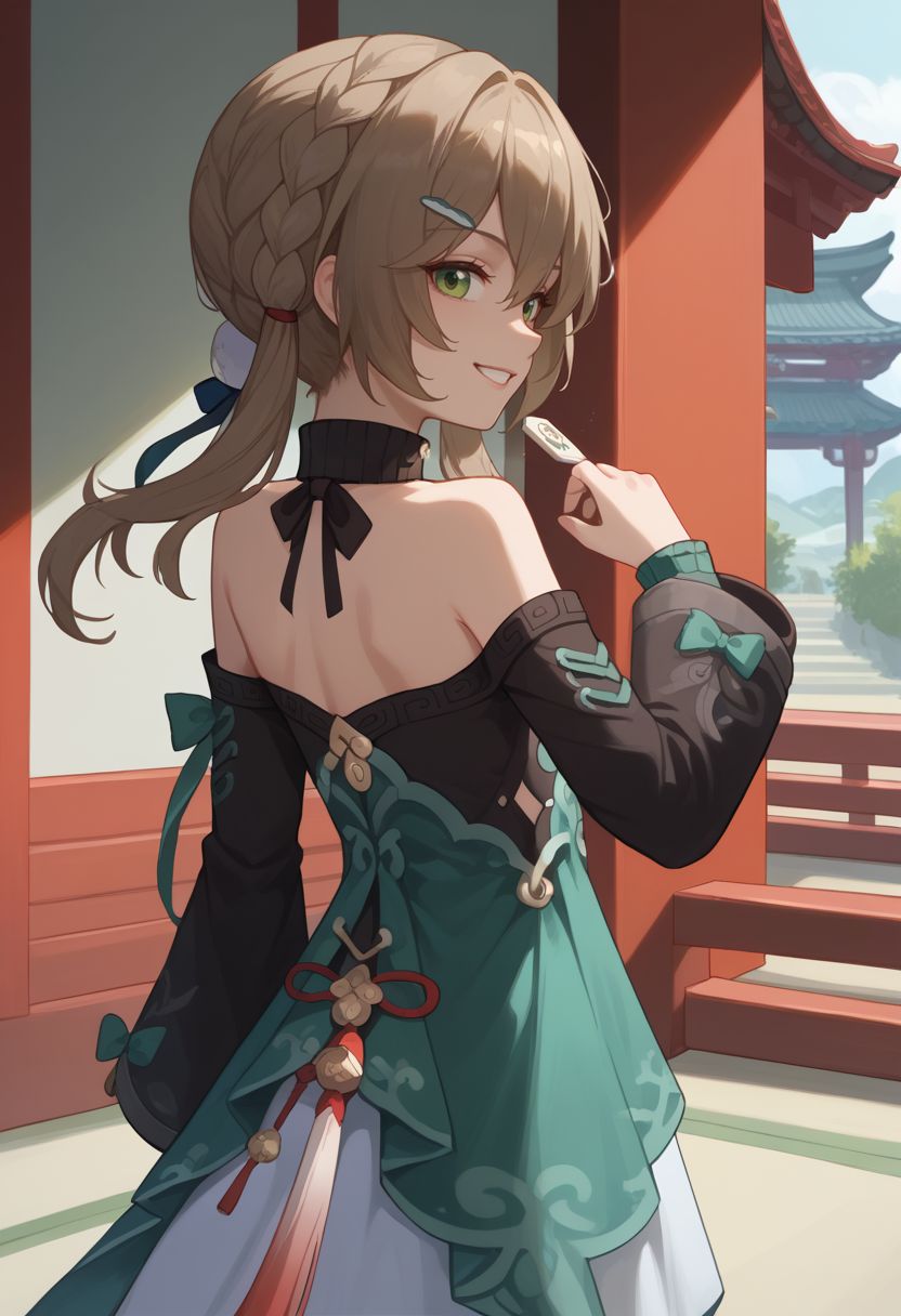 score_9, score_8_up, score_7_up, source_anime, 1girl, qingquedef, green eyes, brown hair, long hair, twintails, braid, hair ornament, hairclip, small breasts, bare shoulders, shoulder cutout, clothing cutout, turtleneck, dress, long sleeves, skirt, tassel, standing, smile, looking at viewer, indoors, shrine, close-up, facing viewer, hand on hip, upper body, from behind, looking back, <lora:Qingque_v1-000010:1>