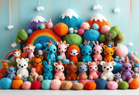 score_9, score_8_up, score_7_up, Yarnworld, rainbow colors, chibi animals, made of yarn, cute design,
colorful detailed background,