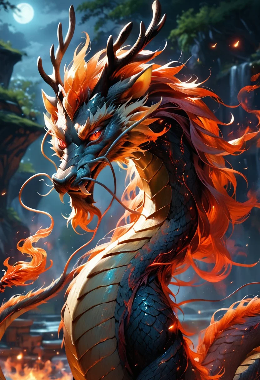 score_9, score_8_up, score_7_up, masterpiece, ultra-realistic 8k, (best quality), (lots of details), (intricate details), perfect digital painting, detailed painting, intricate, realistic textures, (evil, malevolent), Eastern dragon, glowing red eyes, flame mane, fire hair, (((((black scales))))), whiskers, (Eastern dragon: 1.8), looking at viewer, night, highres textures, (fire magic),