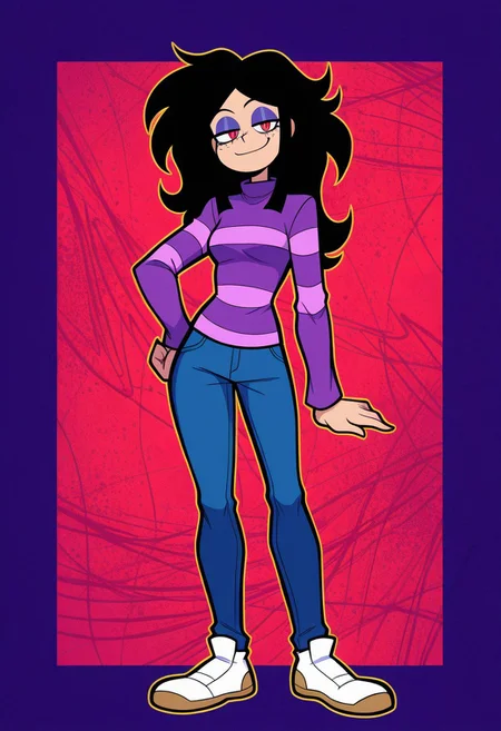 SarahHendersonFNF, 1girl, solo, red eyes, long hair, black hair, freckles, small breasts, purple striped shirt, blue jeans, white shoes, full body, looking at viewer, eyeshadow, smug smile, standing, abstract background
