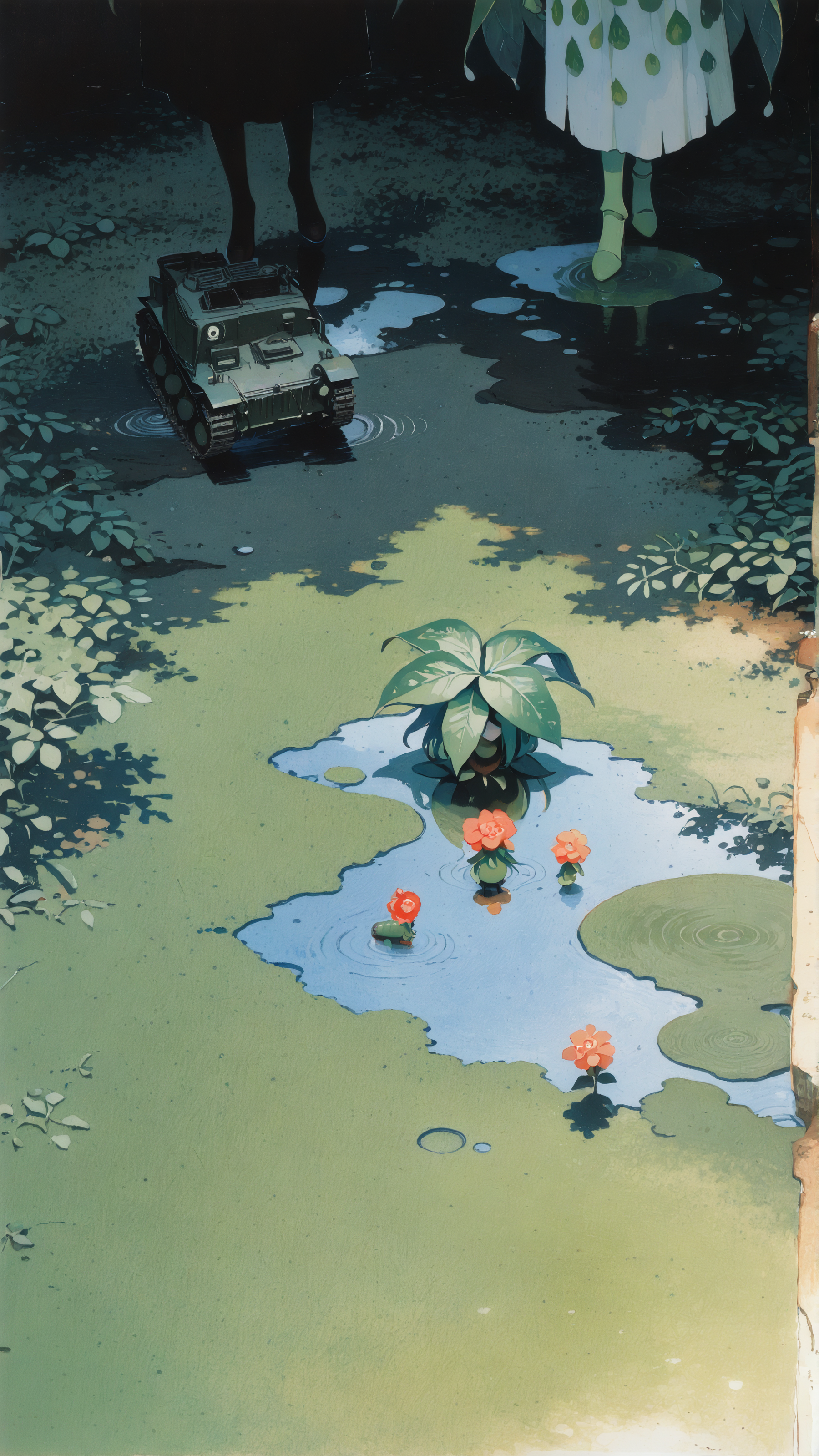 masterpiece, newest,absurdres,incredibly absurdres, best quality, amazing quality, very aesthetic, painterly,
3girls, caterpillar tracks, plant girl, arthropod girl, puddle,
<lora:KonYa666:1> kony4666 <lora:ka_marukogedago:1> k4_illu, abstract, traditional media, scan, blending, painting \(medium\), oil painting \(medium\)