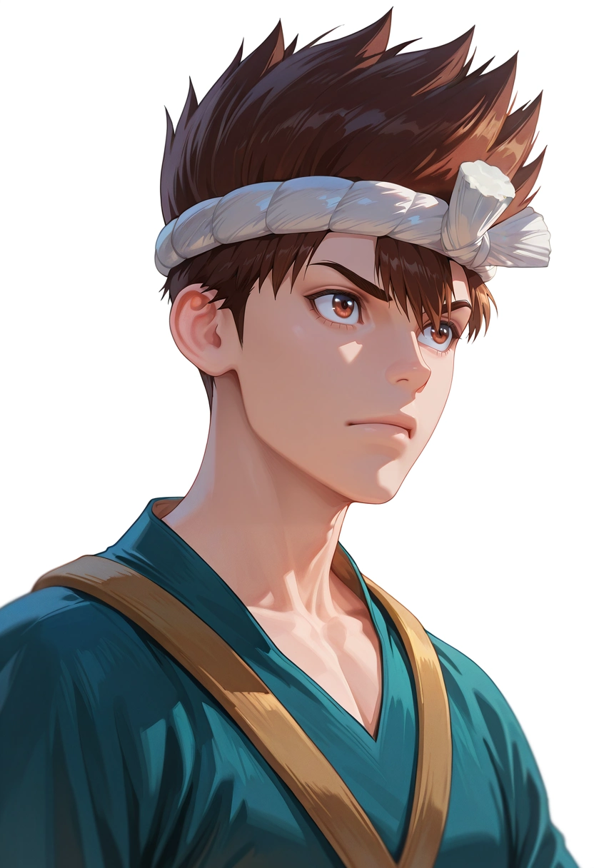 masterpiece, best quality, , (realistic:0.6), , 1boy, solo, male focus, <lora:chrome_dr_stone_ilxl:0.92>, chrome_dr_stone, brown hair, brown eyes, short hair, spiked hair, headband, hachimaki, ,