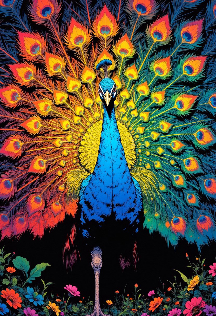 cinematic film still award winning photo .A giant peacock colored in the most beautiful rainbow colors,shallow depth of field, vignette, highly detailed, high budget, bokeh, cinemascope, moody, epic, gorgeous, film grain, grainy,anime, cyberpunk, Comic book style,CAICO