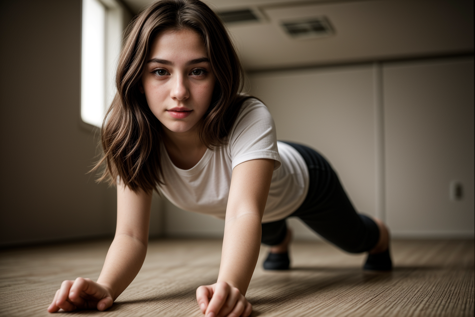 from below,photo of a 18 year old girl,practicing push-up,happy,shirt,pants,ray tracing,detail shadow,shot on Fujifilm X-T4,85mm f1.2,sharp focus,depth of field,blurry background,blurry foreground,bokeh,motion blur,<lora:add_detail:1>,<lora:LCM_LoRA_Weights_SD15:1>,