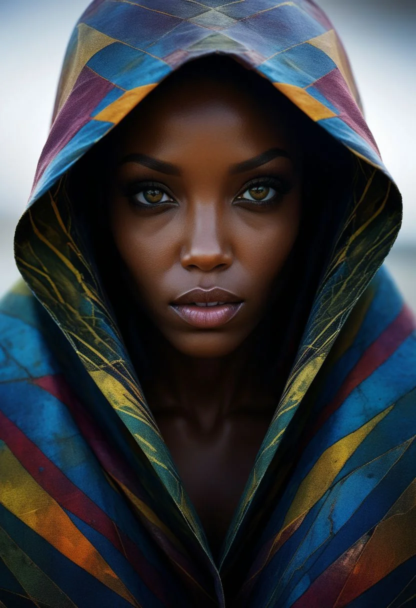 Close-up face, mysterious silhouette of an exotic coloured woman in worn down cape, goddess, alluring, by Minjae Lee, Carne Griffiths, Emily Kell, Steve McCurry, Geoffroy Thoorens, Aaron Horkey, Jordan Grimmer, Greg Rutkowski, amazing depth, double exposure, surreal, geometric patterns, intricately detailed, bokeh,  perfect balanced, deep fine borders, artistic photorealism , smooth,  great masterwork by Suiras  <lora:add-detail-xl:2>  <lora:Double_Exposure:0.5>