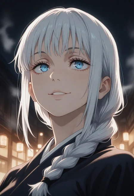 masterpiece, best quality, amazing quality, very aesthetic, flat colors, Jujutsu Kaisen artstyle, 
female portrait, close up, 1girl, solo, makima (chainsaw man), long hair, smile, bangs, blue eyes, braid, white hair, braided ponytail, ringed eyes, kimono, close up, waist up, posing, looking away, parted lips, steam, cold weather, foggy, night time, Dark, misty, street, walking, dynamic angle, natural light,