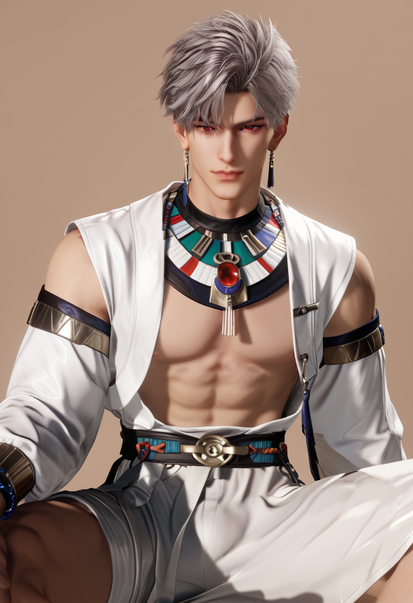 score_9,score_8_up,score_7_up,1boy,solo,yaoi,bara,male focus,fairly nsfw,uncersored,highres,best quality,amazing quality,best aesthetic,absurdres,<lora:add-detail-xl:1>,male focus,sitting,bulge,looking at viewer,egyptian_clothes,dog_costume,<lora:Expressive_H:1>,Expressiveh,<lora:Love_and_DeepSpace:0.7>,Love_and_DeepSpace,red eyes,grey hair,