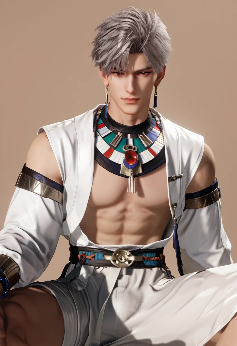 score_9,score_8_up,score_7_up,1boy,solo,yaoi,bara,male focus,fairly nsfw,uncersored,highres,best quality,amazing quality,best aesthetic,absurdres,<lora:add-detail-xl:1>,male focus,sitting,bulge,looking at viewer,egyptian_clothes,dog_costume,<lora:Expressive_H:1>,Expressiveh,<lora:Love_and_DeepSpace:0.7>,Love_and_DeepSpace,red eyes,grey hair,