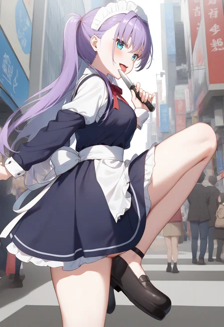 1girl,sincos, ningen mame, toosaka asagi,solo,medium breasts,20yo,maid,maid headdress,
licking knife, <lora:lickingknife_XL_v1:0.8>
tongue out, licking knife, sword, holding weapon, licking weapon,
from side, full body, looking ahead, purple hair, green eyes,grin, Shibuya city, open mouth, topknot hair,,
best quality, very aesthetic, absurdres