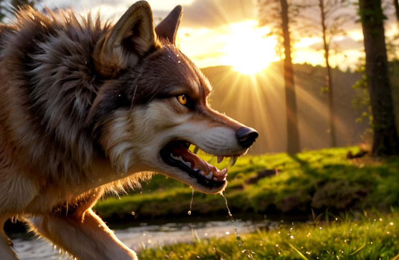 ultra realism, ultra high quality and sharpness in the focus of objects, 4K, 8K, HDR, realistic image with high quality, excellent resolution, clear, detailed and well-focused images, detailed and correct anatomy depicting ((wolf ) ) in the forest, aggressive and menacing expression, snarling, his teeth visible, attacking pose, image dynamics, lighting golden hour, sun rays breaking through the clouds, dusk, rainy and muddy weather, fur wet, drops of water running from his body and head