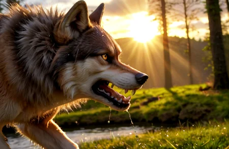 ultra realism, ultra high quality and sharpness in the focus of objects, 4K, 8K, HDR, realistic image with high quality, excellent resolution, clear, detailed and well-focused images, detailed and correct anatomy depicting ((wolf ) ) in the forest, aggressive and menacing expression, snarling, his teeth visible, attacking pose, image dynamics, lighting golden hour, sun rays breaking through the clouds, dusk, rainy and muddy weather, fur wet, drops of water running from his body and head