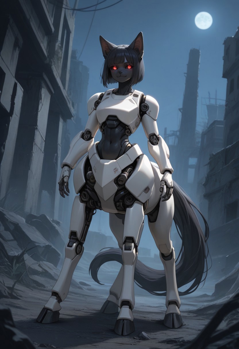 score_9,score_8_up,score_7_up,score_6_up,score_5_up,score_4_up, BREAK Siamese cat, robot, centaur, solo, smile, industrial ruins, night, hooves, black horse tail, Robot girl, Mecha, Android, mechanical limbs, robot joints, white metal skin, black sclera, no mouth, armor, glowing eyes, furry, black hair, bangs, cat head, cat ears, cat nose