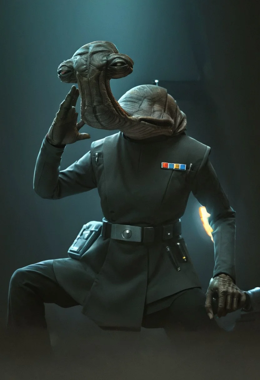 an ithorian hammerhead alien wearing Imperial officer wearing a (color) uniform, dynamic, moody, darkness, shadows, dark, sinister, highly detailed