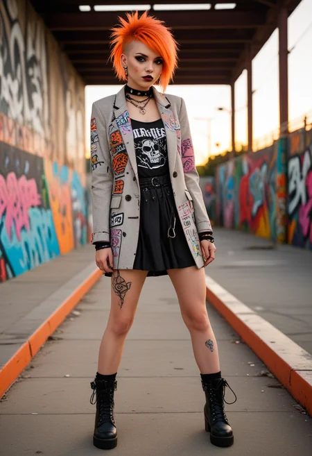 ((fashion photography)), perfect face, perfect eyes, (medium full shot) of  (esthetic punk) young woman, american, hazel eyes, light tan skin, willowy, wearing a deconstructed blazer with safety pin accents,babydoll dress with a bold graphic print, paired with ripped tights,thigh-high stiletto boots, neon orange spiked hair, ear piercings, dark lipstick,spiked wristbands, set in  a graffiti-covered skatepark nestled among urban decay, with concrete ramps, rails, and ledges adorned with colorful street art and tags, at sunset, surprised, open mouth, pointing her finger at the viewer, masterpiece, best quality, photorealistic, very aesthetic